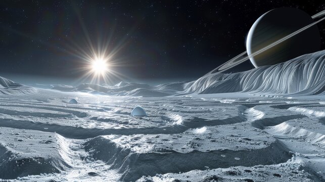 Enceladus's surface, showing intricate patterns of ice and snow with a backdrop of Saturn's rings