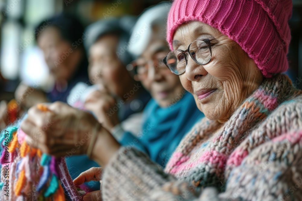 Poster elderly participants happily engage in knitting activities, sharing techniques and enjoying each oth