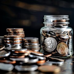 Pile of coins next to a foggy glass jar, mysterious and intriguing, Coins foggy jar, hidden wealth