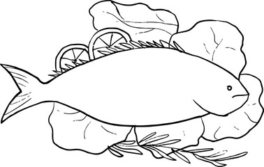 hand drawn illustration of fish with lemon, grilled fish illustration