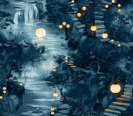 Obraz premium Serene Enchanted River with Japanese Wave Patterns and Paper Lanterns
