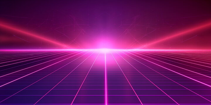 Synthwave backround template. Retro futuristic perspective grid backdrop. Simple sci-fi retro party flyer, banner, poster or cover. 80s or 90s style wireframe virtual scene.