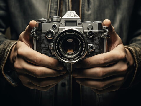 Photo Camera in man's hands, World Photography Day