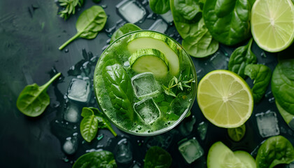 Obraz premium Cocktail of spinach and green vegetables and fruit, drink background, top view
