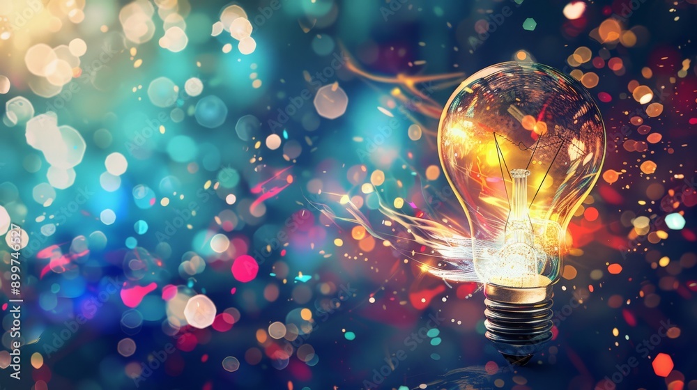 Poster glowing light bulb with vibrant bokeh background, symbolizing creativity and innovation. perfect for
