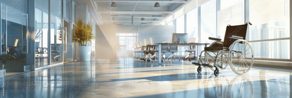 Poster empty wheelchair in a modern office space with sunlight streaming in. workplace accessibility and mo