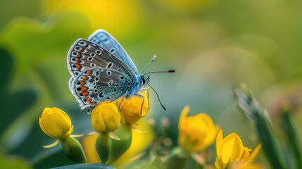 Lotus And Butterfly. Blue Icarus Butterfly Perching on Yellow Lotus Flower