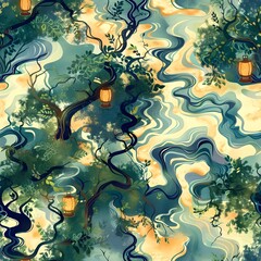 Naklejka premium Serene Enchanted River Digital Sumie Pattern with Japanese Wave and Golden Hour Glow