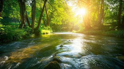forest with a river flowing through, sunlight filtering through the trees