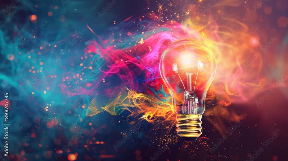 Poster colorful light bulb with splashes of paint. symbolizing creativity and innovation.