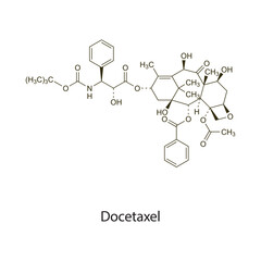 Docetaxel flat skeletal molecular structure Antineoplastic drug used in cancer treatment. Vector illustration scientific diagram.