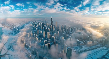 Chicago Winter - Aerial View of City Skyline During Polar Vortex