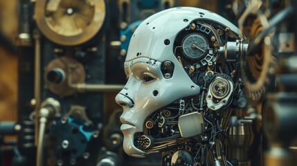 Fototapeta premium A human-like android with exposed mechanical parts, showcasing a blend of human and machine elements. The android's intricate design highlights advanced robotics and futuristic technology in a