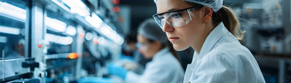 Poster high tech electronics factory with workers assembling circuit boards and inspecting