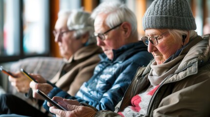Fototapeta premium Three elderly people sit together, focused on their smartphones, enjoying the cozy atmosphere of a community center in the afternoon. Generative AI
