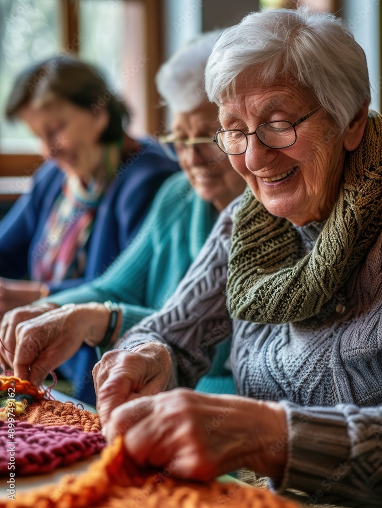Poster elderly individuals participate in a crafting session, joyfully knitting and sewing in a warm and in