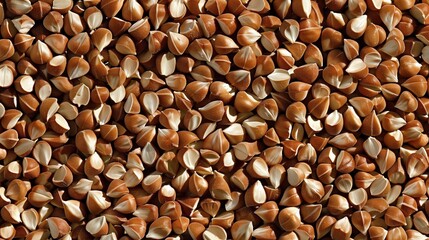 Macro close-up of raw brown buckwheat groats, buckwheat grain texture surface for wallpaper banner background with copyspace