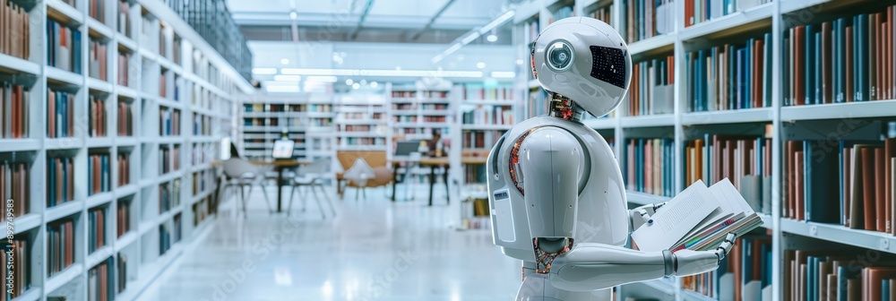 Poster Robot exploring a modern library with bookshelves. Emphasizes technological advances in educational resources and AI's role in learning.