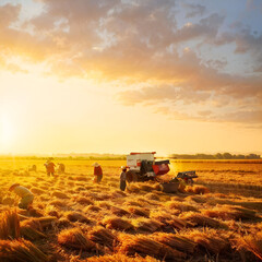 Obraz premium combine harvester at sunset