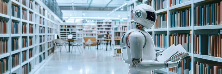 Robot exploring a modern library with bookshelves. Emphasizes technological advances in educational resources and AI's role in learning.