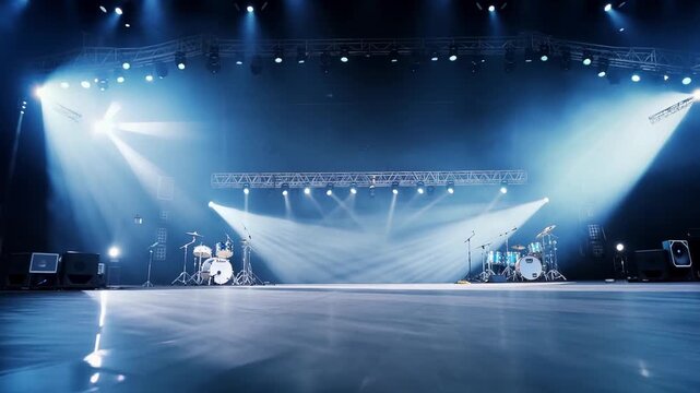 A concert stage with a drum set and bright spotlights illuminating the stage.