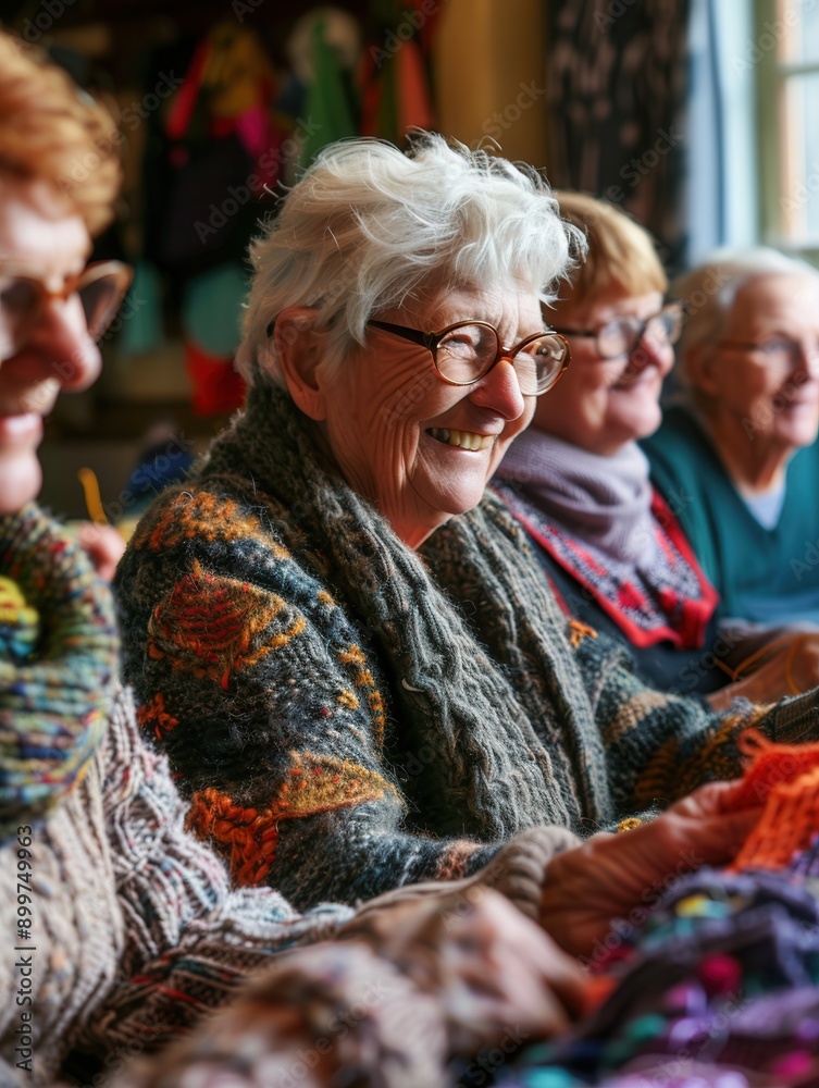 Aufkleber elderly participants share joyful moments while learning knitting and sewing techniques during a com