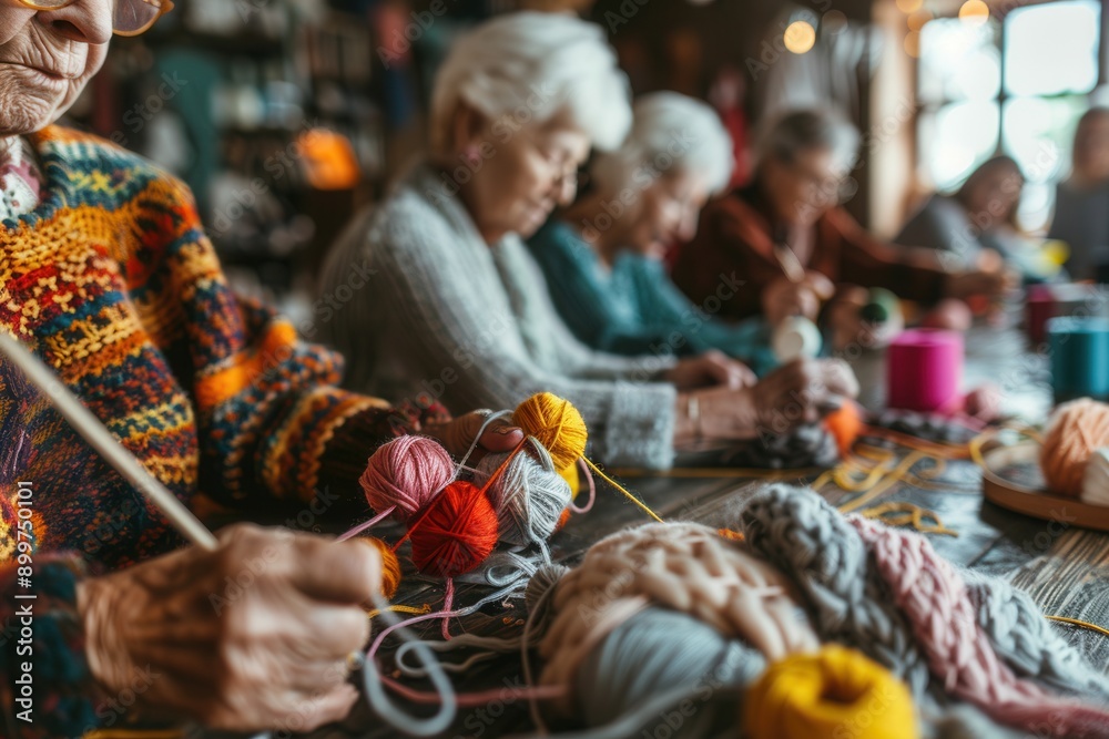 Poster elderly participants focus on knitting and sewing crafts while learning and sharing techniques in a 