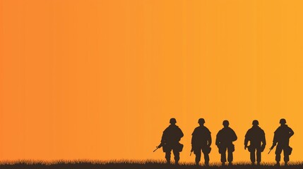 Fototapeta premium Silhouette of Soldiers Walking on Grass at Sunset with Vibrant Orange Sky Background