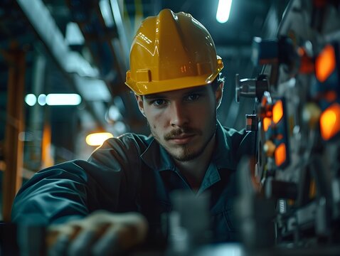 Close up Portrait of a Factory Worker Operating Industrial Machinery in a Workplace Setting