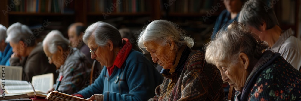 Fototapete a group of elderly individuals deeply focused on studying foreign languages using textbooks and dict