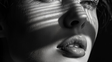 Black and white portrait of a woman with dramatic lighting and strong contrast. Woman's face partially obscured by shadows, emphasizing her lips and the contour of her face.