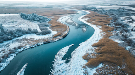 Aerial view of a blue bay with sandy beach and islands in the distance