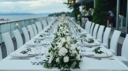 A beautifully arranged long table features white flowers and green foliage, set in a greenhouse with soft lighting and a vibrant atmosphere for an evening gathering