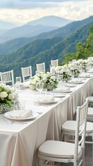 A beautifully arranged long table features white flowers and green foliage, set in a greenhouse with soft lighting and a vibrant atmosphere for an evening gathering