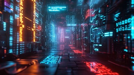 A visually striking server room with glowing blue and red data panels and cables. The futuristic and high-tech ambiance highlights the advanced technology and data processing environment.