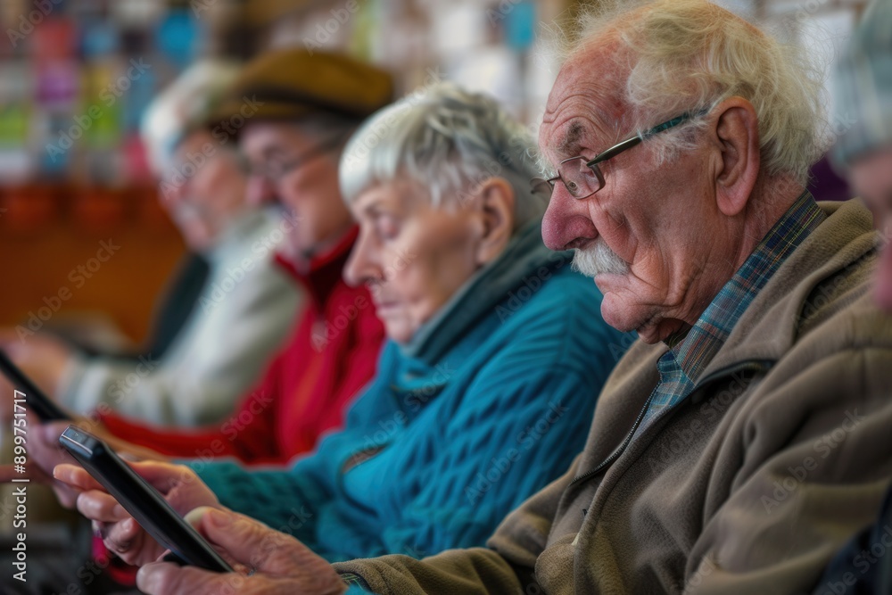 Aufkleber a group of elderly individuals focused on their devices while seated closely together in a warm comm