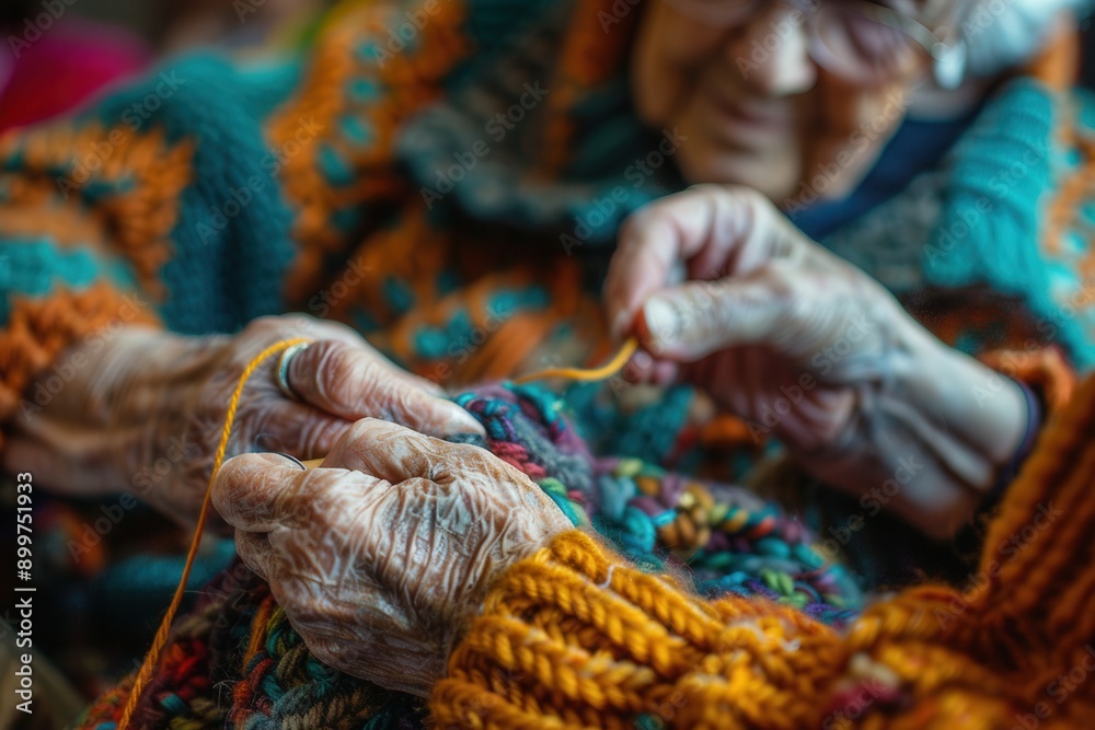 Aufkleber Elderly participants happily create vibrant crafts using knitting techniques in a supportive community workshop setting. Generative AI
