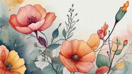 Abstract floral art background template Botanical watercolor hand drawn flowers brush line art design Vector4