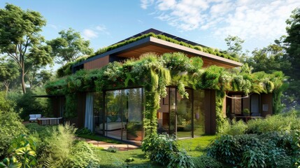 An eco-friendly home with a green roof covered in plants, solar panels, and a rainwater harvesting system