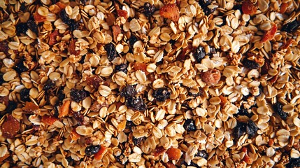 Macro close-up of golden fresh granola mix with nuts and dried fruits, colorful crunchy granola texture surface for wallpaper banner background with copyspace