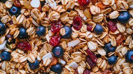 Macro close-up of golden fresh granola mix with nuts and dried fruits, colorful crunchy granola texture surface for wallpaper banner background with copyspace