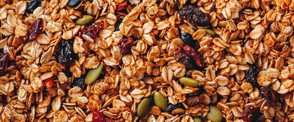 Macro close-up of golden fresh granola mix with nuts and dried fruits, colorful crunchy granola texture surface for wallpaper banner background with copyspace