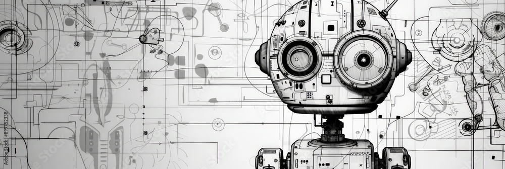 Aufkleber Detailed blueprint of a robot head with mechanical elements and circuitry. Concept of advanced robotics and technological design.