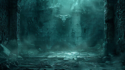 Menacing Minotaur in a Dimly Lit Dungeon: Dark and Mysterious Atmosphere with Space for Text or Graphics