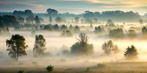 A forest or field shrouded in thick morning fog, with visible silhouettes of trees or bushes.