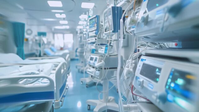 A modern hospital interior showcasing a row of hospital beds, each connected to various medical devices and monitors.