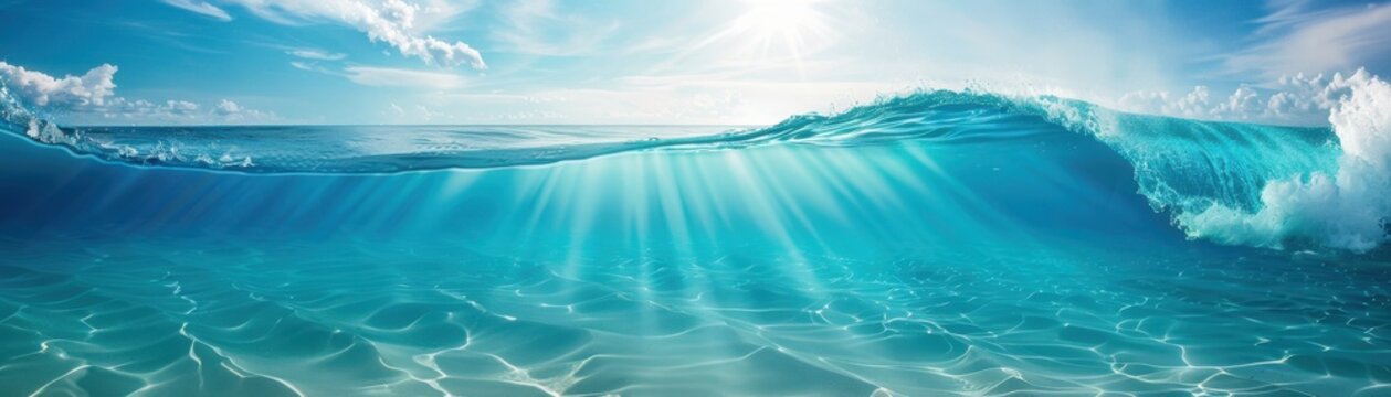 Vibrant ocean wave under the sunlight, showcasing clear blue water and gentle ripples, perfect for beach and nature themes.