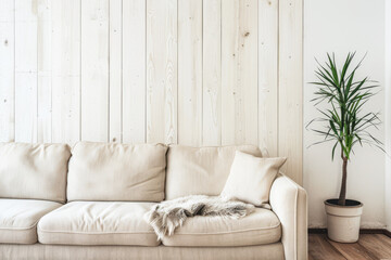 Fototapeta premium Living room interiors design composition with minimal furniture and natural window lighting.