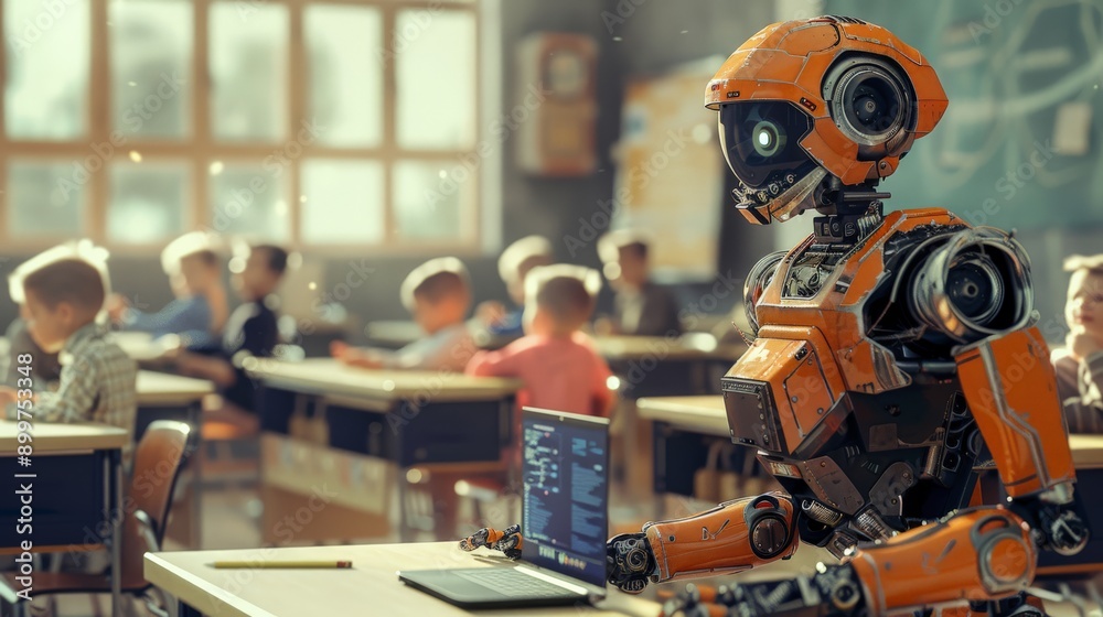 Poster Orange robot using a laptop in a busy classroom with focused children. Technology and education integration.