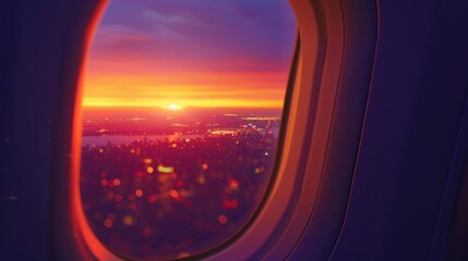 A window on an airplane with a beautiful sunset in the background
